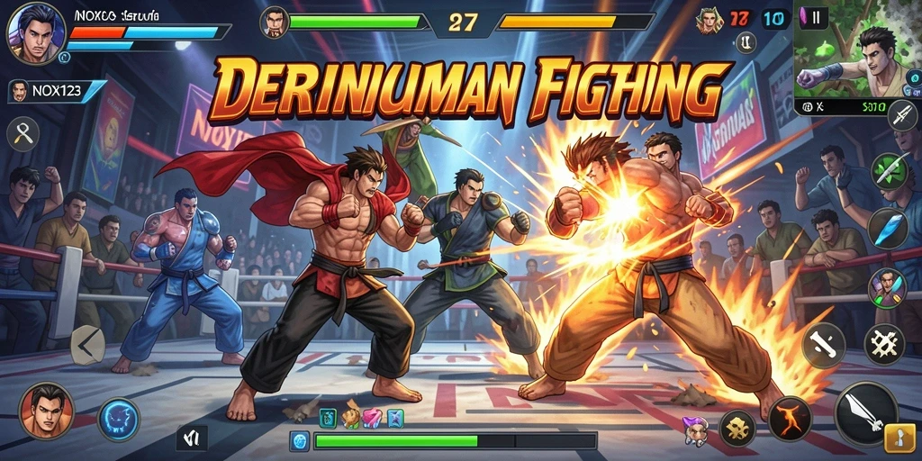 Tampilan gameplay seru di arena pertarungan NOX123 dengan karakter unik.