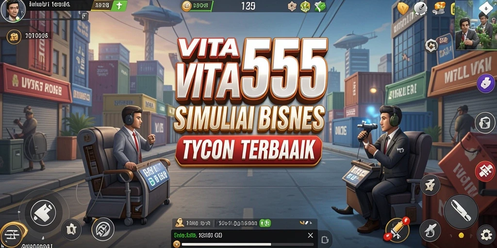 Screenshot VITA555 menampilkan simulasi bisnis yang dinamis.